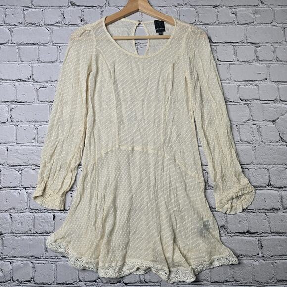 Ella Moss Silk Cream Crochet Lace Hem Ruffle Cuff Popcorn Texture Sheer Tunic Sm - Picture 1 of 10